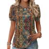 Zeagoo Womens Short Sleeve Tops Floral Boho Shirts Pleated Crewneck Summer Outfit Puff Sleeve Blouses Casual Tunic(Boho Multicolor 721)