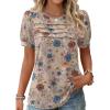 Zeagoo Womens Short Sleeve Tops Floral Boho Shirts Pleated Crewneck Summer Outfit Puff Sleeve Blouses Casual Tunic(Floral Beige 170)