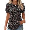 Zeagoo Womens Short Sleeve Tops Floral Boho Shirts Pleated Crewneck Summer Outfit Puff Sleeve Blouses Casual Tunic(Floral Black 532)