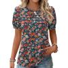 Zeagoo Womens Short Sleeve Tops Floral Boho Shirts Pleated Crewneck Summer Outfit Puff Sleeve Blouses Casual Tunic(Xh464)