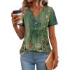 Zeagoo Womens Short Sleeve Tops Summer Henley V-Neck Tshirts Casual Pleated Blouse Dressy Loose Floral Basic Tee(01-green Ethnic Pattern)