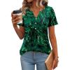 Zeagoo Womens Short Sleeve Tops Summer Henley V-Neck Tshirts Casual Pleated Blouse Dressy Loose Floral Basic Tee(01-green Leaf Floral)