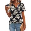 Zeagoo Womens Short Sleeve Tops Summer Henley V-Neck Tshirts Casual Pleated Blouse Dressy Loose Floral Basic Tee(Black Leaf Floral)