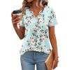 Zeagoo Womens Short Sleeve Tops Summer Henley V-Neck Tshirts Casual Pleated Blouse Dressy Loose Floral Basic Tee(Blue Floral)