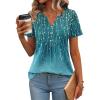 Zeagoo Womens Short Sleeve Tops Summer Henley V-Neck Tshirts Casual Pleated Blouse Dressy Loose Floral Basic Tee(Blue Floral Print)