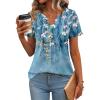Zeagoo Womens Short Sleeve Tops Summer Henley V-Neck Tshirts Casual Pleated Blouse Dressy Loose Floral Basic Tee(Blue Flowers)