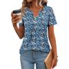 Zeagoo Womens Short Sleeve Tops Summer Henley V-Neck Tshirts Casual Pleated Blouse Dressy Loose Floral Basic Tee(Blue Yellow Floral)