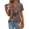 Zeagoo Womens Short Sleeve Tops Summer Henley V-Neck Tshirts Casual Pleated Blouse Dressy Loose Floral Basic Tee(Ethnic Floral 01)