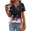 Zeagoo Womens Short Sleeve Tops Summer Henley V-Neck Tshirts Casual Pleated Blouse Dressy Loose Floral Basic Tee(Gradient Flowers-black and Pink)