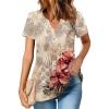 Zeagoo Womens Short Sleeve Tops Summer Henley V-Neck Tshirts Casual Pleated Blouse Dressy Loose Floral Basic Tee(Khkai Floral)