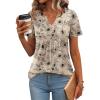 Zeagoo Womens Short Sleeve Tops Summer Henley V-Neck Tshirts Casual Pleated Blouse Dressy Loose Floral Basic Tee(Light Coffee Floral)