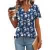 Zeagoo Womens Short Sleeve Tops Summer Henley V-Neck Tshirts Casual Pleated Blouse Dressy Loose Floral Basic Tee(Navy Blue White Floral)