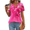 Zeagoo Womens Short Sleeve Tops Summer Henley V-Neck Tshirts Casual Pleated Blouse Dressy Loose Floral Basic Tee(Rose Floral)