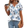 Zeagoo Womens Short Sleeve Tops Summer Henley V-Neck Tshirts Casual Pleated Blouse Dressy Loose Floral Basic Tee(White Blue Floral)