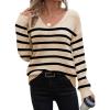 Zeagoo Womens Sweaters Fall Trendy Casual Long Sleeve Shirt Lightweight V Neck Off Shoulder Crochet Pullover Top Outfit(F-apricot Sriped)