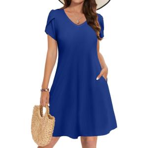 ZEAGOO Womens Summer A-Line Dress with Pockets Mini Short Sleeve Dresses Flowy Beach Swing Dress 2026 Vacation Travel(Blue)