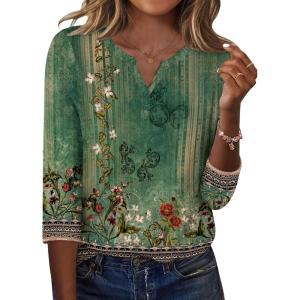 Zeagoo 3/4 Length Sleeve Womens Tops Casual Dressy Summer Blouses Buisness Work Spring Tee Shirts(Green Floral)