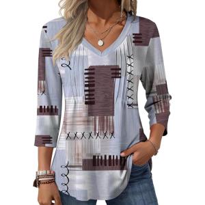 Zeagoo 3/4 Length Sleeve Womens Tops Casual V Neck Pleated Top Boho Floral Blouses Work Shirts(Blue Brown 609)