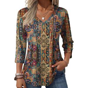 Zeagoo 3/4 Length Sleeve Womens Tops Casual V Neck Pleated Top Boho Floral Blouses Work Shirts(Boho Mz721)