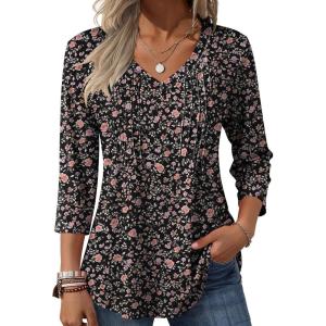 Zeagoo 3/4 Length Sleeve Womens Tops Casual V Neck Pleated Top Boho Floral Blouses Work Shirts(Floral Black)