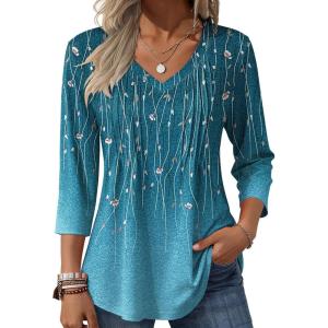 Zeagoo 3/4 Length Sleeve Womens Tops Casual V Neck Pleated Top Boho Floral Blouses Work Shirts(Leaf Green)