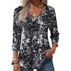 Zeagoo 3/4 Length Sleeve Womens Tops Casual V Neck Pleated Top Boho Floral Blouses Work Shirts(Multicolor 273)