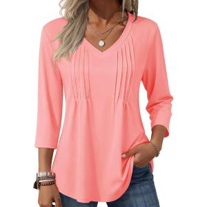 Zeagoo 3/4 Length Sleeve Womens Tops Casual V Neck Pleated Top Boho Floral Blouses Work Shirts(Pink)