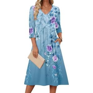 Zeagoo 3/4 Sleeve Women’s Dress Casual Midi Tshirt Dresses with Pockets Empire Waist Summer Semi-Formal Boho Beach Sundress(Blue Floral)