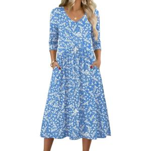 Zeagoo 3/4 Sleeve Women’s Dress Casual Midi Tshirt Dresses with Pockets Empire Waist Summer Semi-Formal Boho Beach Sundress(Blue Floral Xh41)