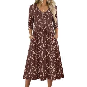 Zeagoo 3/4 Sleeve Women’s Dress Casual Midi Tshirt Dresses with Pockets Empire Waist Summer Semi-Formal Boho Beach Sundress(Coffee Floral)