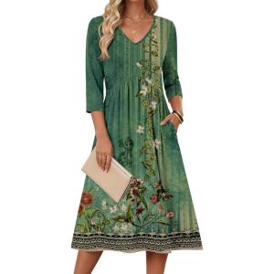 Zeagoo 3/4 Sleeve Women’s Dress Casual Midi Tshirt Dresses with Pockets Empire Waist Summer Semi-Formal Boho Beach Sundress(Green Floral)