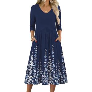 Zeagoo 3/4 Sleeve Women’s Dress Casual Midi Tshirt Dresses with Pockets Empire Waist Summer Semi-Formal Boho Beach Sundress(Navy Floral)