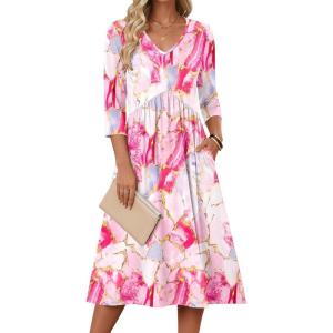 Zeagoo 3/4 Sleeve Women’s Dress Casual Midi Tshirt Dresses with Pockets Empire Waist Summer Semi-Formal Boho Beach Sundress(Pink)
