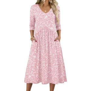 Zeagoo 3/4 Sleeve Women’s Dress Casual Midi Tshirt Dresses with Pockets Empire Waist Summer Semi-Formal Boho Beach Sundress(Pink Floral)