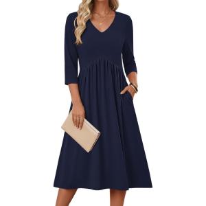 Zeagoo 3/4 Sleeve Women’s Dress Casual Midi Tshirt Dresses with Pockets Empire Waist Summer Semi-Formal Boho Beach Sundress(Solid Navy)