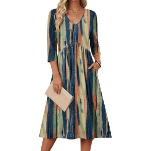 Zeagoo 3/4 Sleeve Women’s Dress Casual Midi Tshirt Dresses with Pockets Empire Waist Summer Semi-Formal Boho Beach Sundress(Tie Dye)