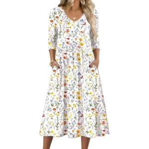 Zeagoo 3/4 Sleeve Women’s Dress Casual Midi Tshirt Dresses with Pockets Empire Waist Summer Semi-Formal Boho Beach Sundress(White Floral)