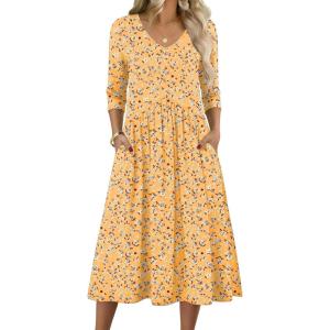 Zeagoo 3/4 Sleeve Women’s Dress Casual Midi Tshirt Dresses with Pockets Empire Waist Summer Semi-Formal Boho Beach Sundress(Yellow Floral)