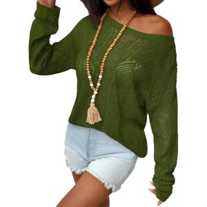 Zeagoo Crochet Tops for Women Off The Shoulder Sweaters Summer Long Sleeve Hollow Out Knit Beach Clothes S-XXL(Army Green)