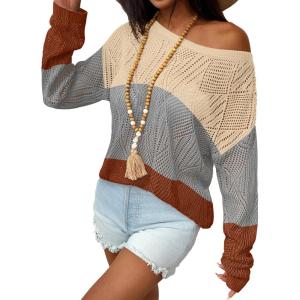 Zeagoo Crochet Tops for Women Off The Shoulder Sweaters Summer Long Sleeve Hollow Out Knit Beach Clothes S-XXL(Cream Grey Orange Colorblock)