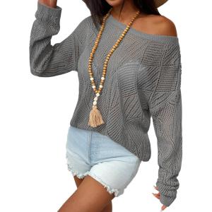 Zeagoo Crochet Tops for Women Off The Shoulder Sweaters Summer Long Sleeve Hollow Out Knit Beach Clothes S-XXL(Gray)