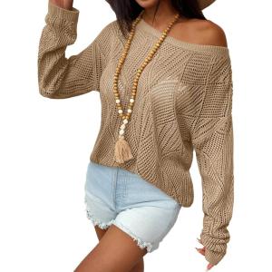 Zeagoo Crochet Tops for Women Off The Shoulder Sweaters Summer Long Sleeve Hollow Out Knit Beach Clothes S-XXL(Khaki)