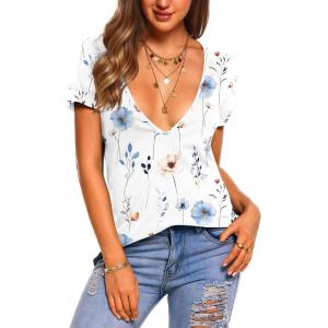 Zeagoo Sexy Tops for Women Deep V Neck Shirts Summer Low Cut Top Short Sleeve Tshirts Trendy Clothes Fashion Clothing(Bf290 Boho)