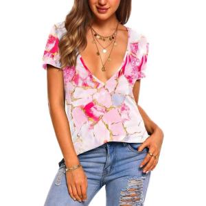 Zeagoo Sexy Tops for Women Deep V Neck Shirts Summer Low Cut Top Short Sleeve Tshirts Trendy Clothes Fashion Clothing(Cx11)
