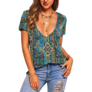 Zeagoo Sexy Tops for Women Deep V Neck Shirts Summer Low Cut Top Short Sleeve Tshirts Trendy Clothes Fashion Clothing(Mz779 Boho)