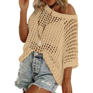 Zeagoo Short Sleeve Crochet Sweater Lightweight Summer Tops Loose Hollow Out Crewneck Pullover(A_light Khaki)