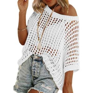 Zeagoo Short Sleeve Crochet Sweater Lightweight Summer Tops Loose Hollow Out Crewneck Pullover(A-white)