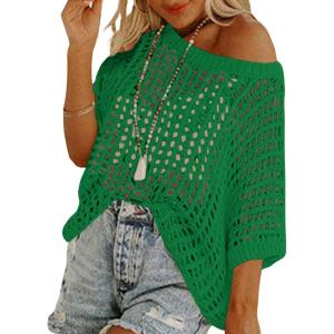 Zeagoo Short Sleeve Crochet Sweater Lightweight Summer Tops Loose Hollow Out Crewneck Pullover(Green)