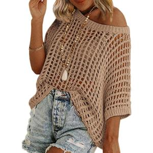 Zeagoo Short Sleeve Crochet Sweater Lightweight Summer Tops Loose Hollow Out Crewneck Pullover(Khaki)