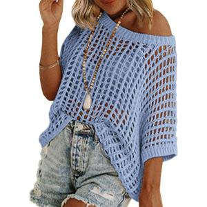 Zeagoo Short Sleeve Crochet Sweater Lightweight Summer Tops Loose Hollow Out Crewneck Pullover(Light Blue)
